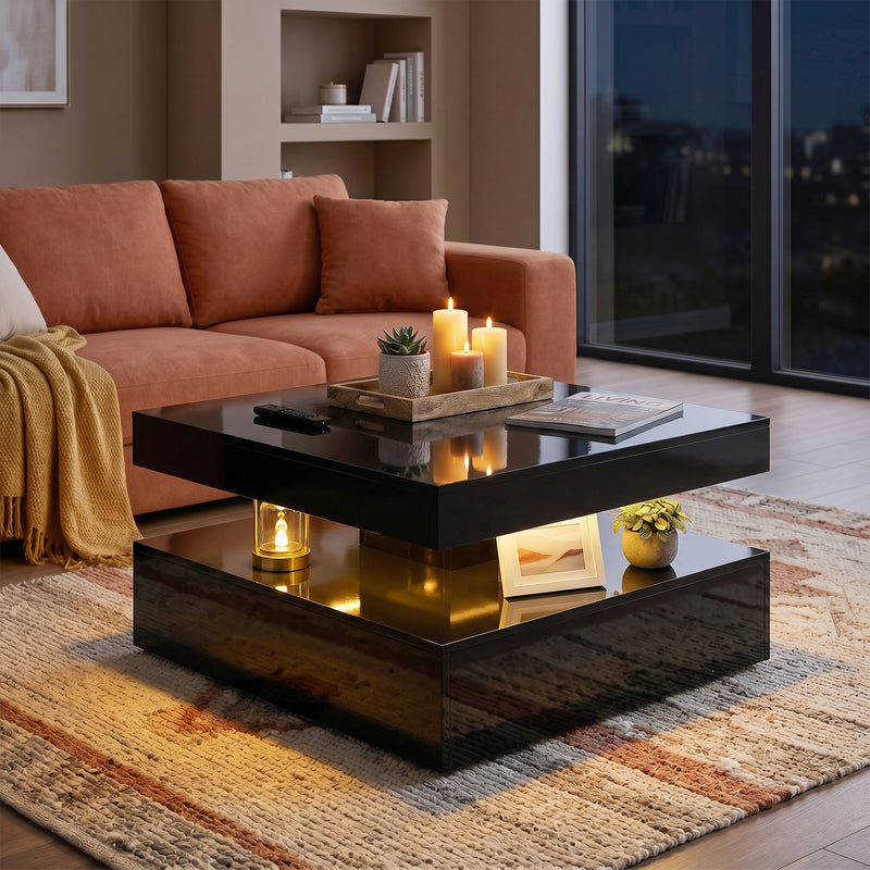 Coffee Table with LED Lighting and Open Storage Shelf for Tidy Living Room High Gloss Black