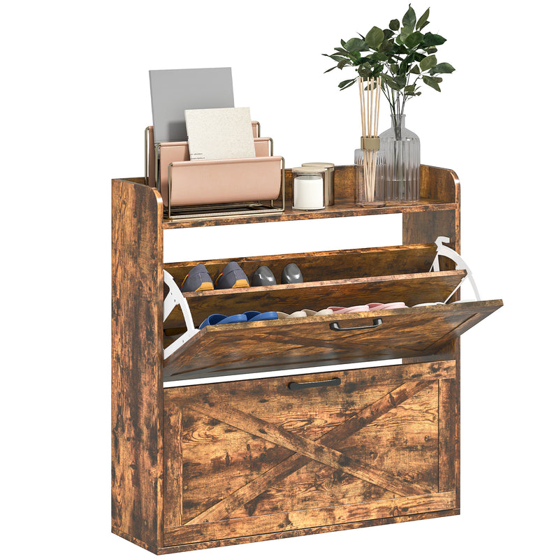Rustic Brown Narrow Shoe Cabinet with Two Flip Drawers and Adjustable Shelves by HOMCOM