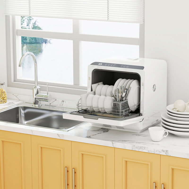 Compact Tabletop Dishwasher with 6L Capacity and Multiple Wash Programs, White