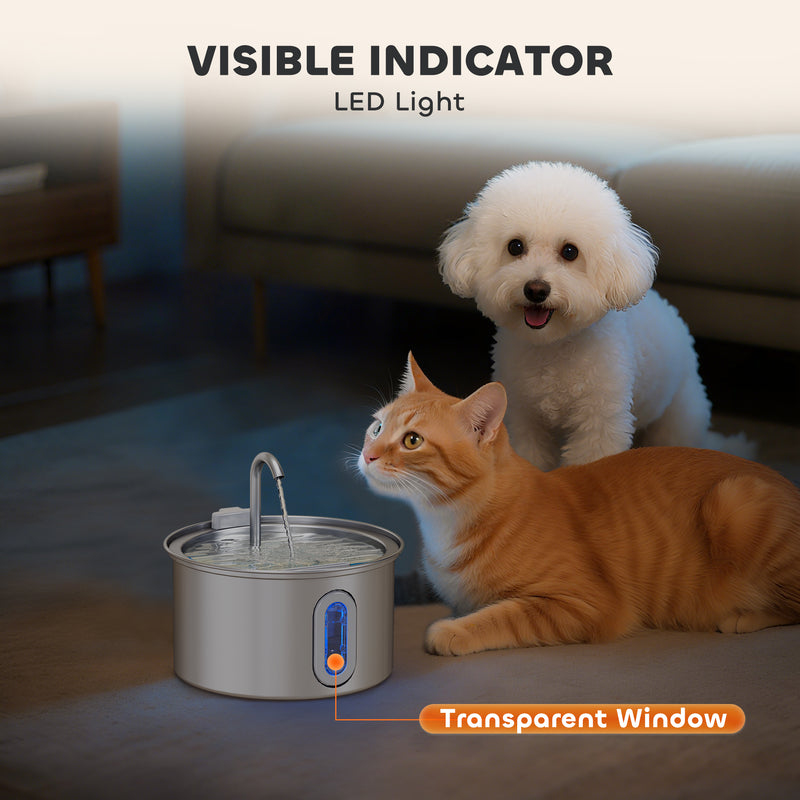 2.5L Stainless Steel Cat Water Fountain with Silent Pump and Water Level Window