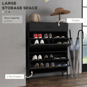 Slim Shoe Storage Cabinet for 12 Pairs with Three Drawers Ideal for Hallways Black