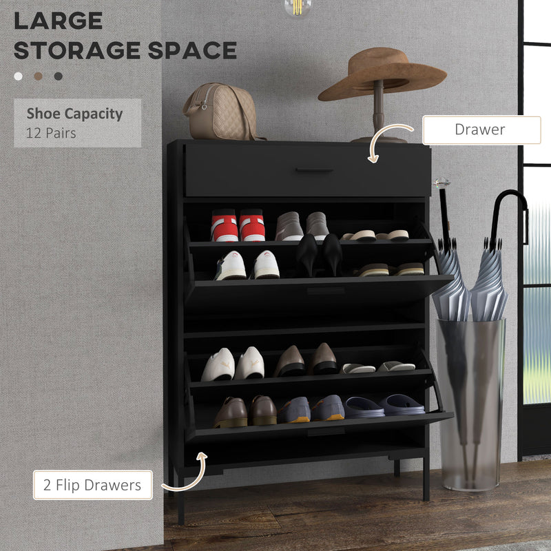 Slim Shoe Storage Cabinet for 12 Pairs with Three Drawers Ideal for Hallways Black