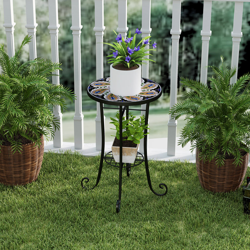 Small Round Mosaic Garden Table with Shelf Ceramic Tile Top for Outdoor and Indoor Use by Outsunny