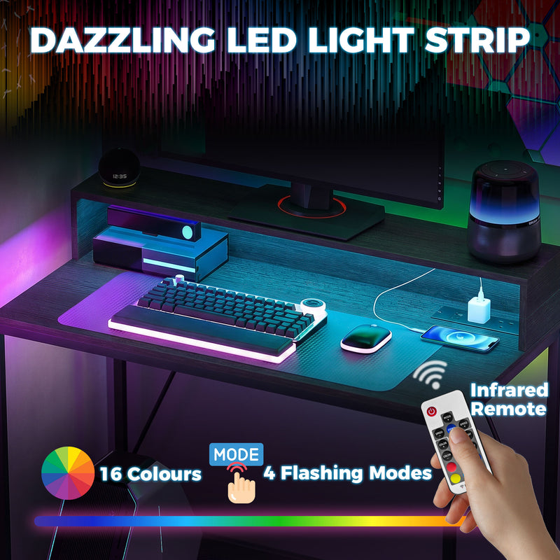 Computer Desk With Built-In Charging and RGB LED Lighting for Organised Home Workspace Black Wood-Effect