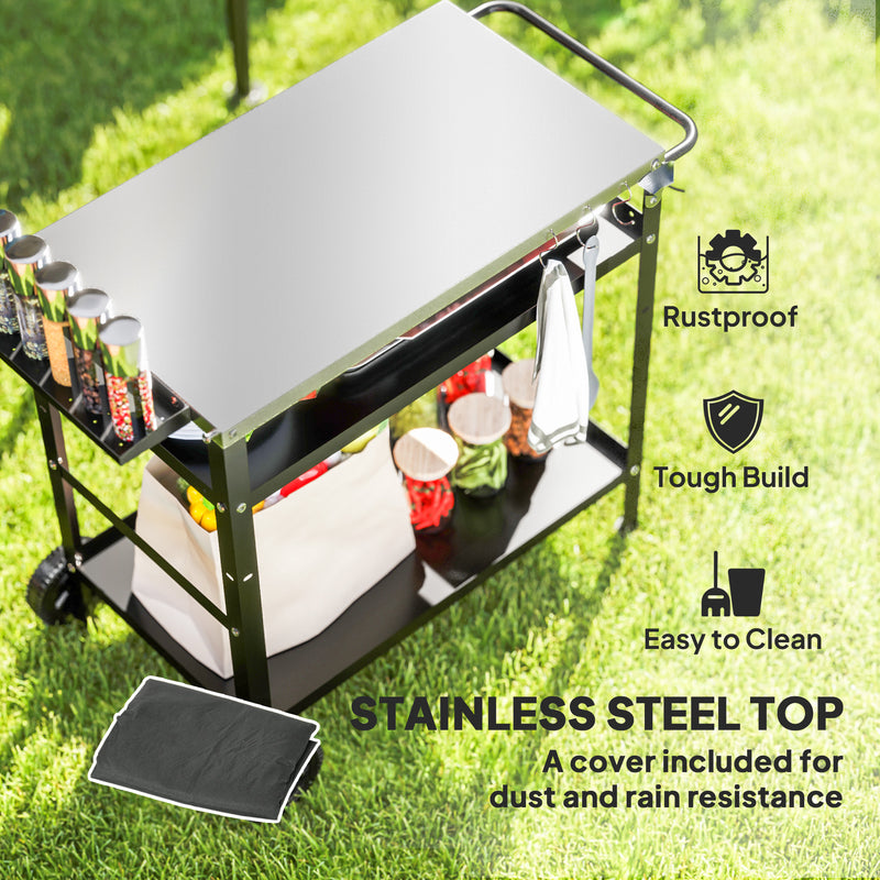 Black BBQ Trolley with Stainless Steel Top Adjustable Shelf and Storage by Outsunny