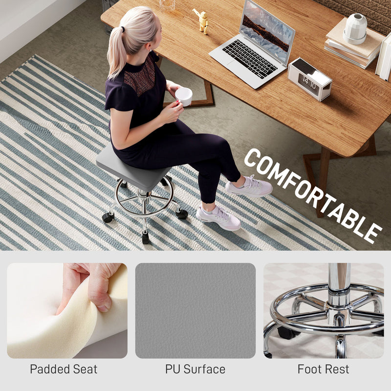 Grey Adjustable PU Leather Rolling Stool with Swivel and Wheels by HOMCOM