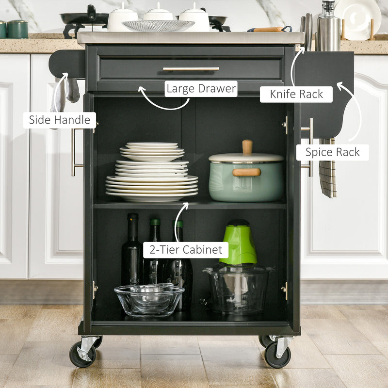 Black Wooden Kitchen Island Trolley With Stainless Steel Top And Storage Drawer On Wheels
