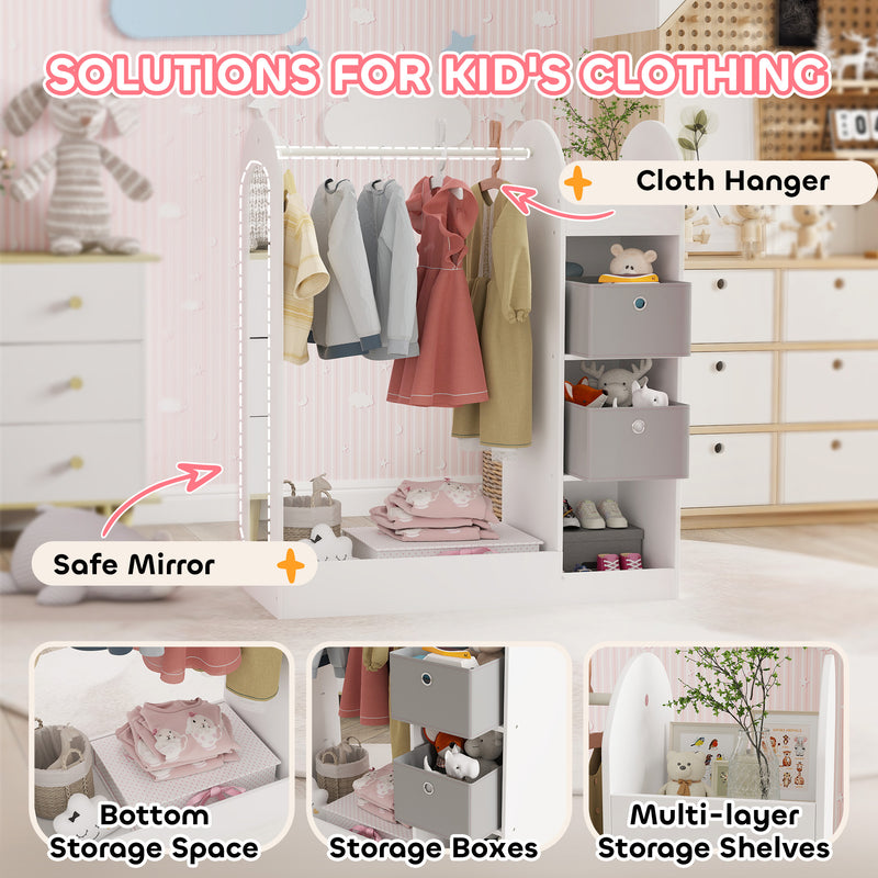 White Kids Clothes Rail with Storage Shelves Mirror and Boxes for Bedroom or Nursery by AIYAPLAY