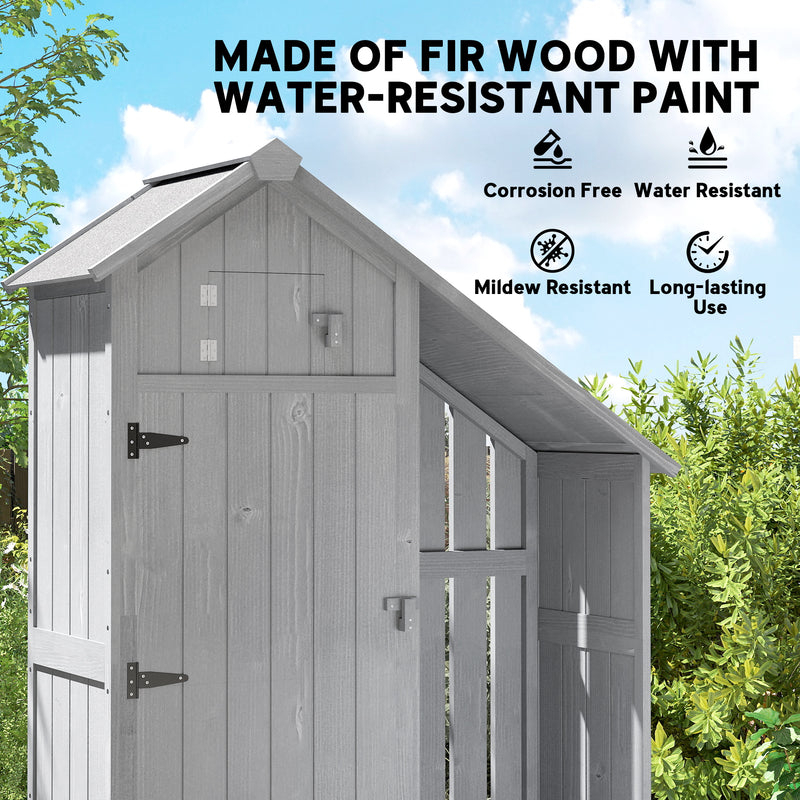 Metal Garden Storage Shed with 3 Shelves and Log Rack for Firewood Organisation Grey