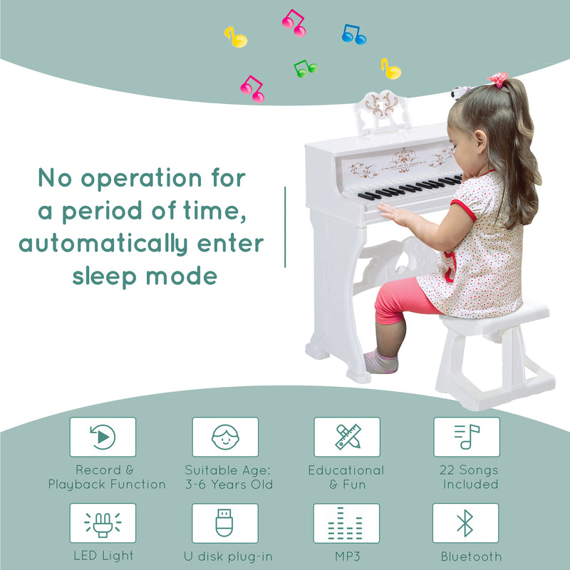White 37 Key Kids Electronic Piano Set With Stool Microphone And Music Stand AOSOM