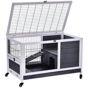 Indoor Wooden Rabbit Hutch with Lift Top for Guinea Pigs and Small Pets, Grey and White