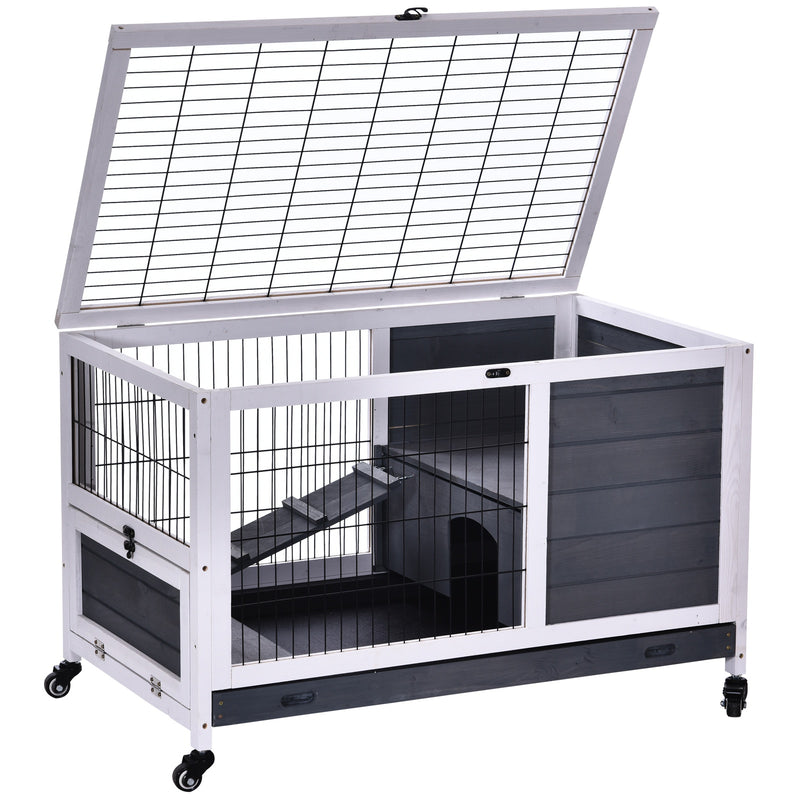 Indoor Wooden Rabbit Hutch with Lift Top for Guinea Pigs and Small Pets, Grey and White
