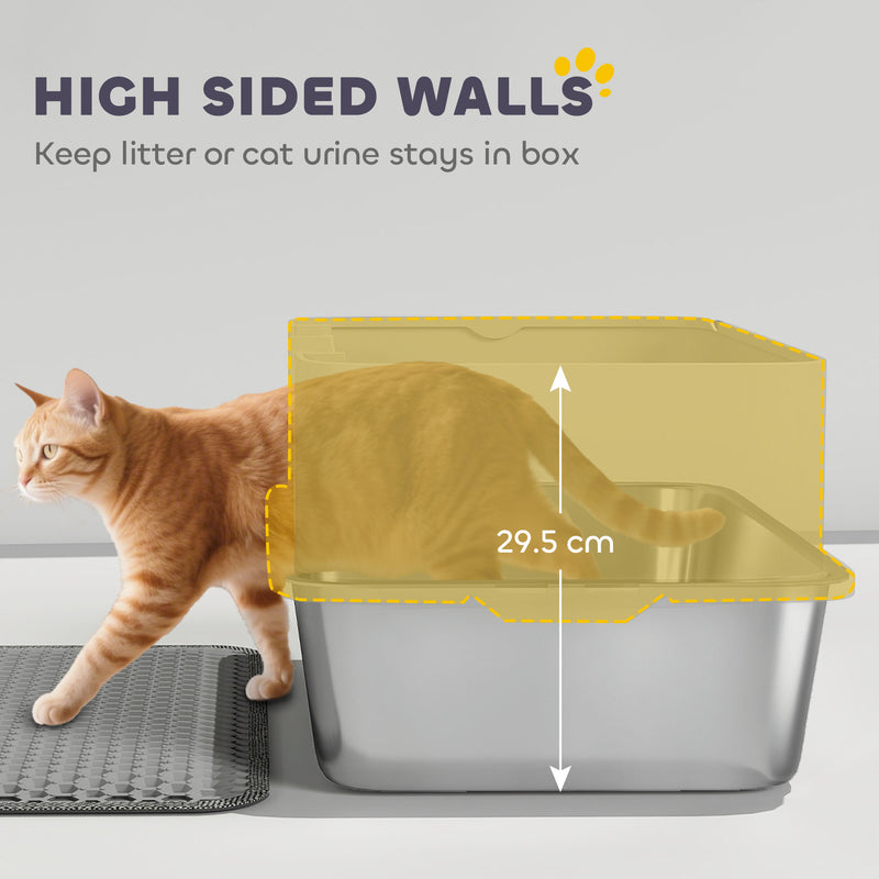 High Sided Stainless Steel Cat Litter Tray With Scoop and Mat Odour Resistant Grey