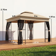 3x3m Garden Gazebo with Metal Frame Mesh Sides and Shelves for Shaded Outdoor Relaxing Brown Outsunny