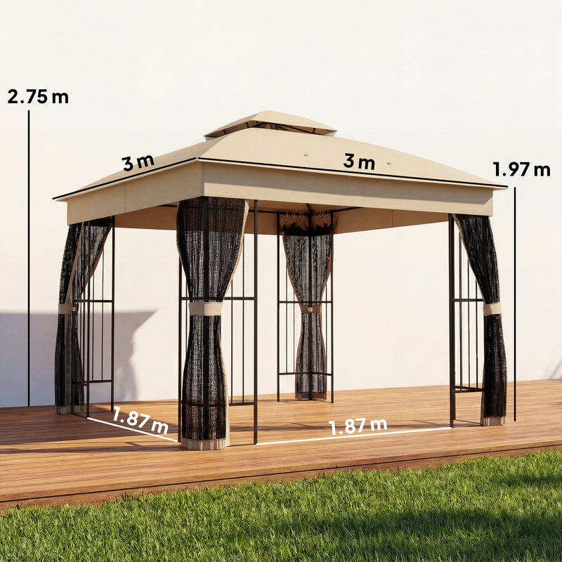 3x3m Garden Gazebo with Metal Frame Mesh Sides and Shelves for Shaded Outdoor Relaxing Brown Outsunny