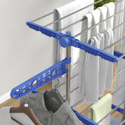 Folding Three Tier Clothes Airer With Side Arms And Wheels For Indoor Drying, Blue