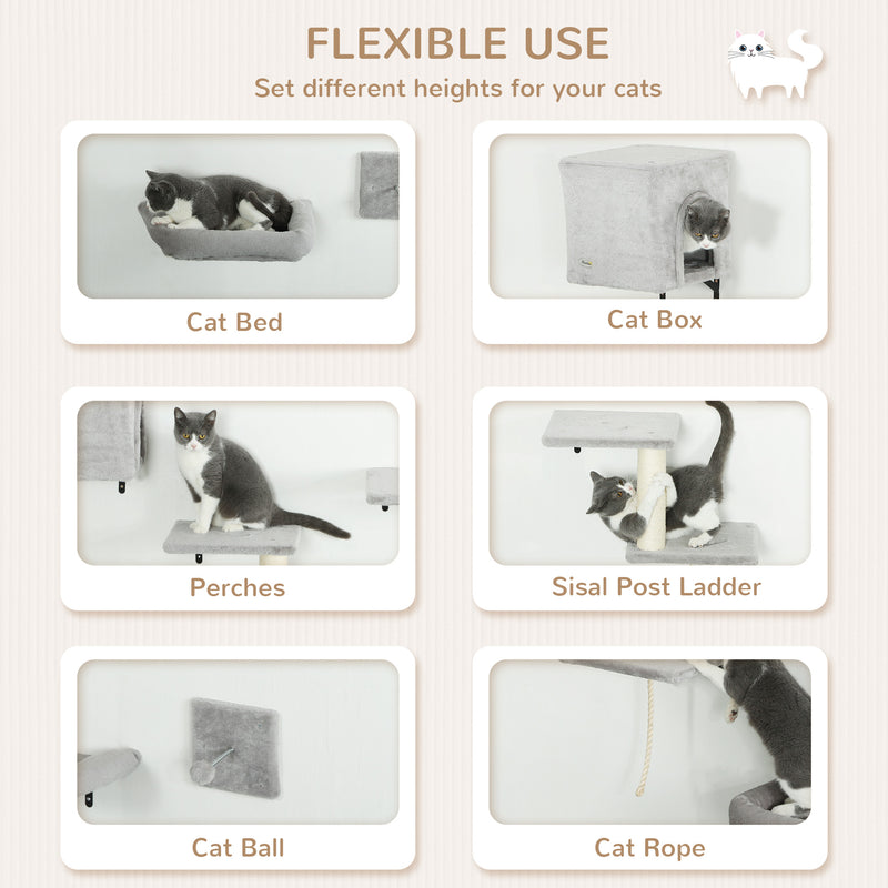 Grey 6 Piece Cat Wall Shelves Set with Bed Scratching Post and Toy Ball by PawHut