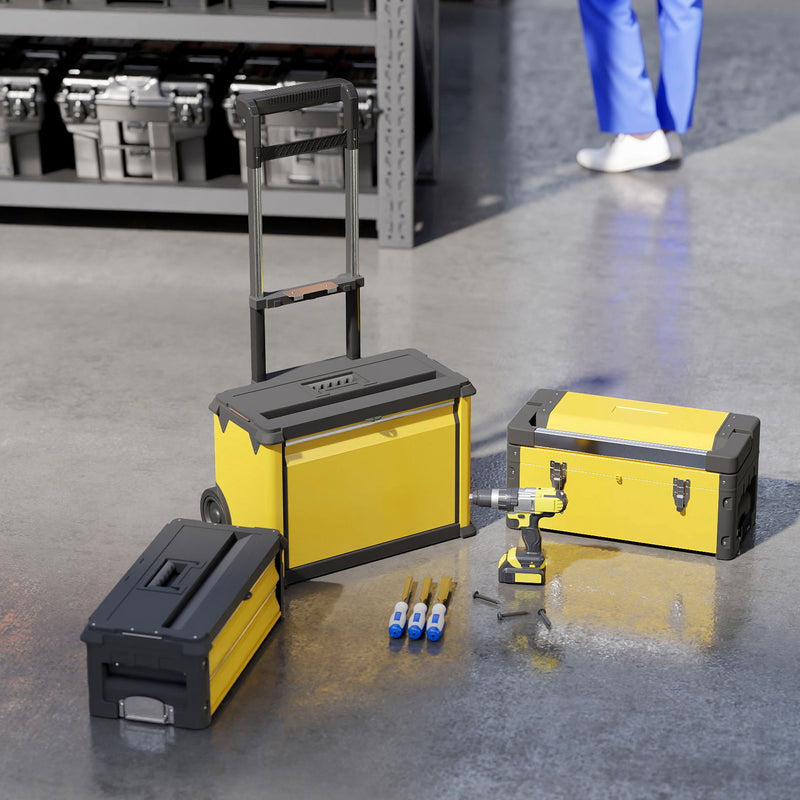 Yellow 3 in 1 Stackable Rolling Tool Box With Wheels For Garage Or Workshop Storage