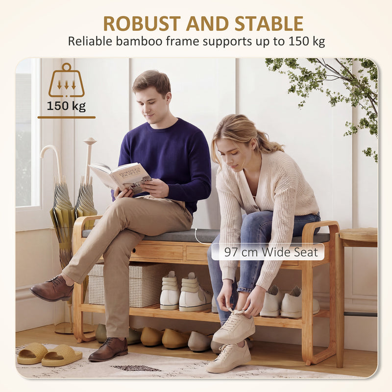 Shoe Storage Bench with Drawers and Padded Seat for Narrow Hallways Natural Bamboo Grey