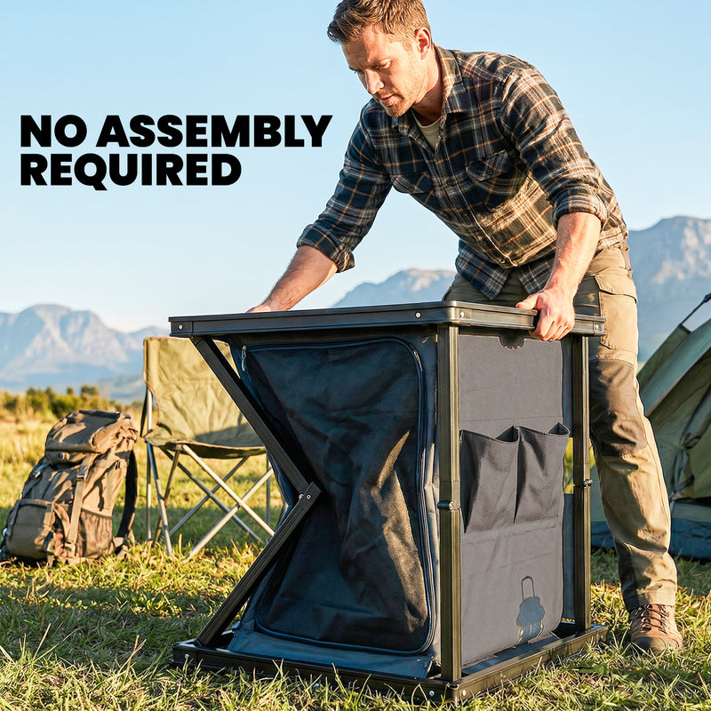 Camping Kitchen Unit with Shelves and Pockets for Organised Cooking Black