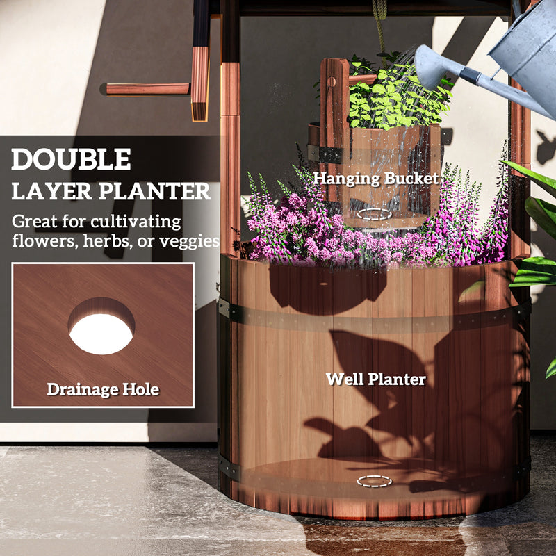 Outsunny Wood Wishing Well for Outside with Hanging Bucket, Wishing Well Planter with Drain Hole for Garden Patio, Carbonized AOSOM
