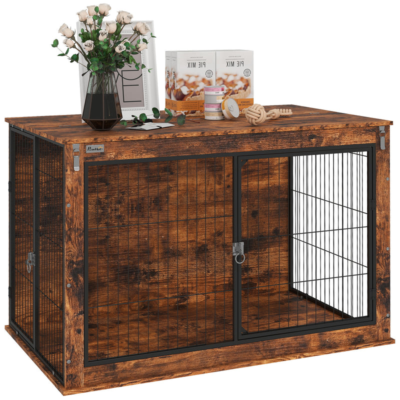 Extra Large Dog Crate Furniture with Flip-up Top and Two Doors Rustic Brown by PawHut