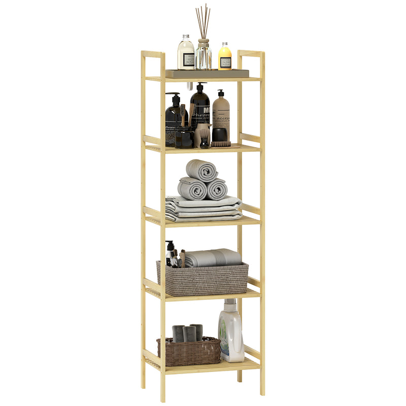 5 Tier Bamboo Bathroom Storage Shelf Freestanding Adjustable Rack Natural Wood
