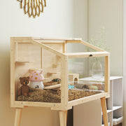 Large Wooden Hamster Cage With Seesaws Platforms and Water Bottle for Gerbils Natural AOSOM