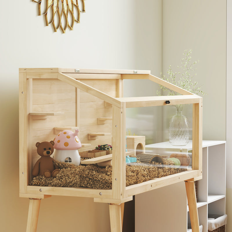 Large Wooden Hamster Cage With Seesaws Platforms and Water Bottle for Gerbils Natural AOSOM