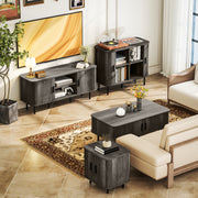 Mid Century Sideboard Cabinet With Sliding Tambour Doors and Steel Legs for Kitchen Grey