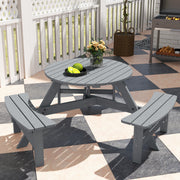 6 Seater Round Wooden Picnic Table With Benches and Parasol Hole for Garden and Patio Grey by Outsunny Outsunny
