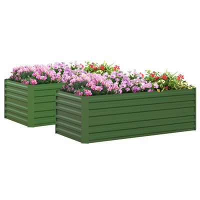 Set of 2 Green Galvanised Steel Raised Garden Beds With Reinforced Rods For Vegetables