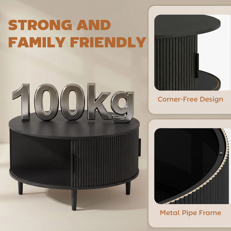 Round Coffee Table with Hidden Storage for Safer Family Living Room Black Wood Effect