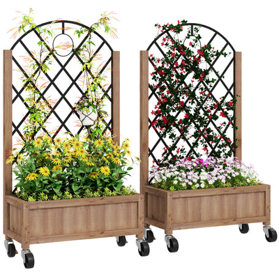 Wooden Garden Planter with Metal Trellis for Climbing Plants Brown and Black by Outsunny