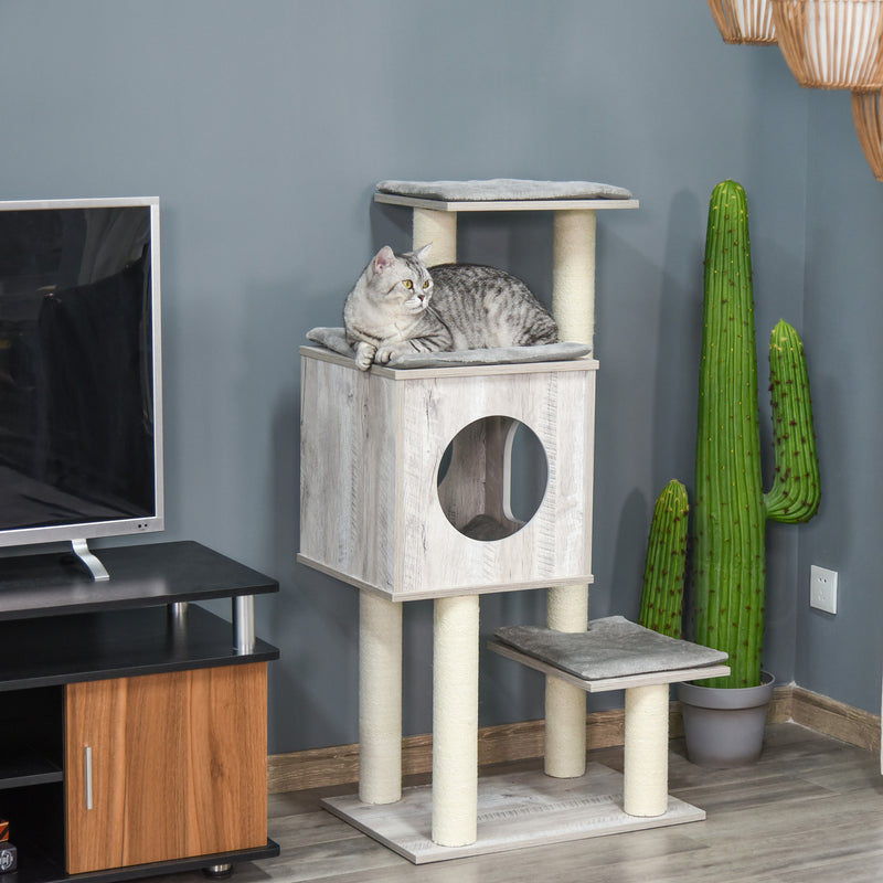 Cat Tree Tower With Jute Scratching Posts And Activity Centre For Large Cats 113cm Grey AOSOM