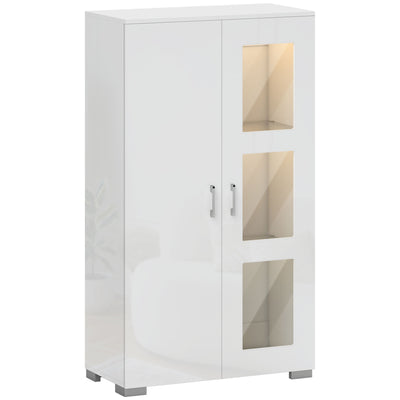 Modern High Gloss Sideboard with LED Lights and Glass Shelves for Living Room Storage, White