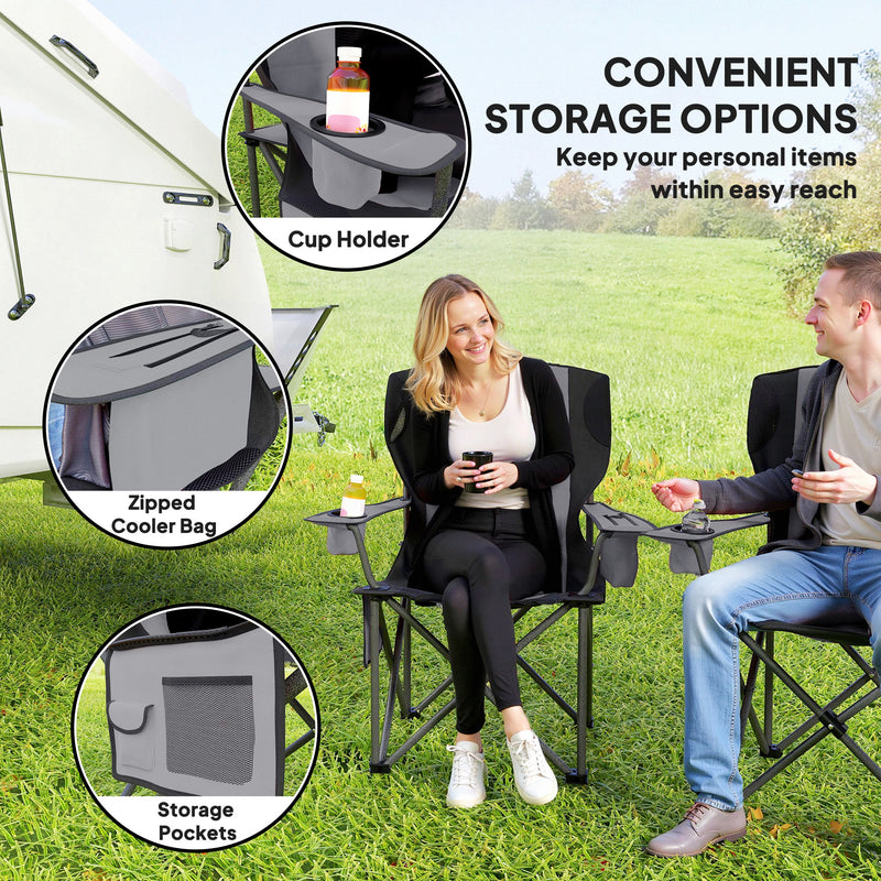 Folding Camping Chairs Set of 2 with Padded Seat and Headrest for Outdoor Comfort Grey