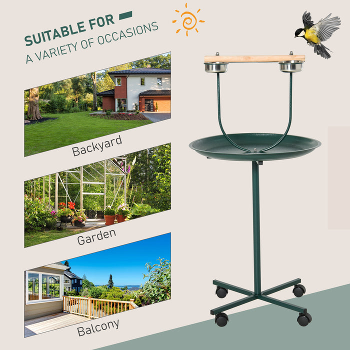 Green Bird Perch Stand with Wheels and Feeding Bowls for Small and Medium Birds by PawHut