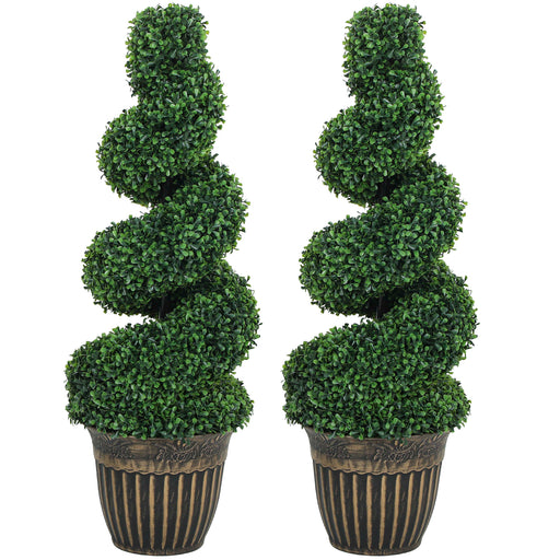 Set of 2 Spiral Boxwood Topiary Trees with Pots for Indoor or Outdoor Use 90cm Green