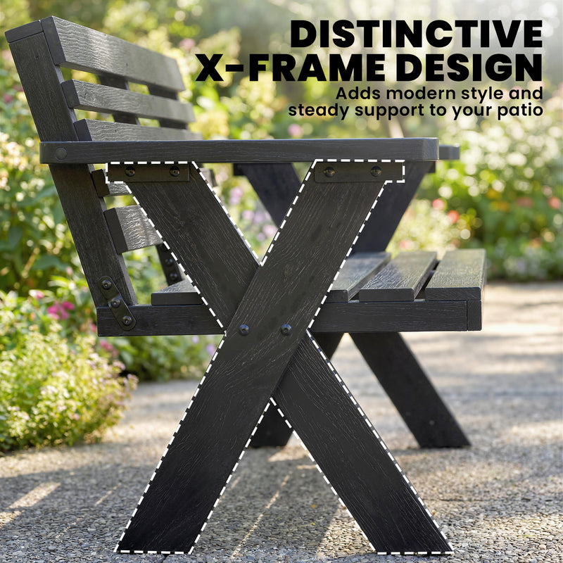 Black Wooden Garden Bench for 2 with Weather Resistant Fir Wood and Modern X Frame Legs