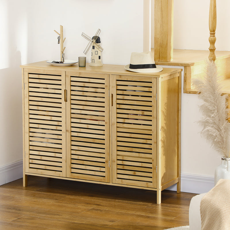 Bamboo 3 Door Shoe Storage Cabinet With 8 Shelves For Organised Hallway Storage, Natural Wood Finish, Holds 16 Pairs, UK Size 11