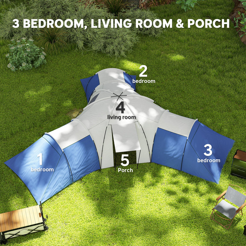 Family Camping Tent with Three Bedrooms and Living Area for Organised Group Trips Blue
