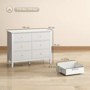 White 6 Drawer Chest of Drawers With Fluted Drawer Fronts and Gold Knobs - 100x40x78cm Homcom