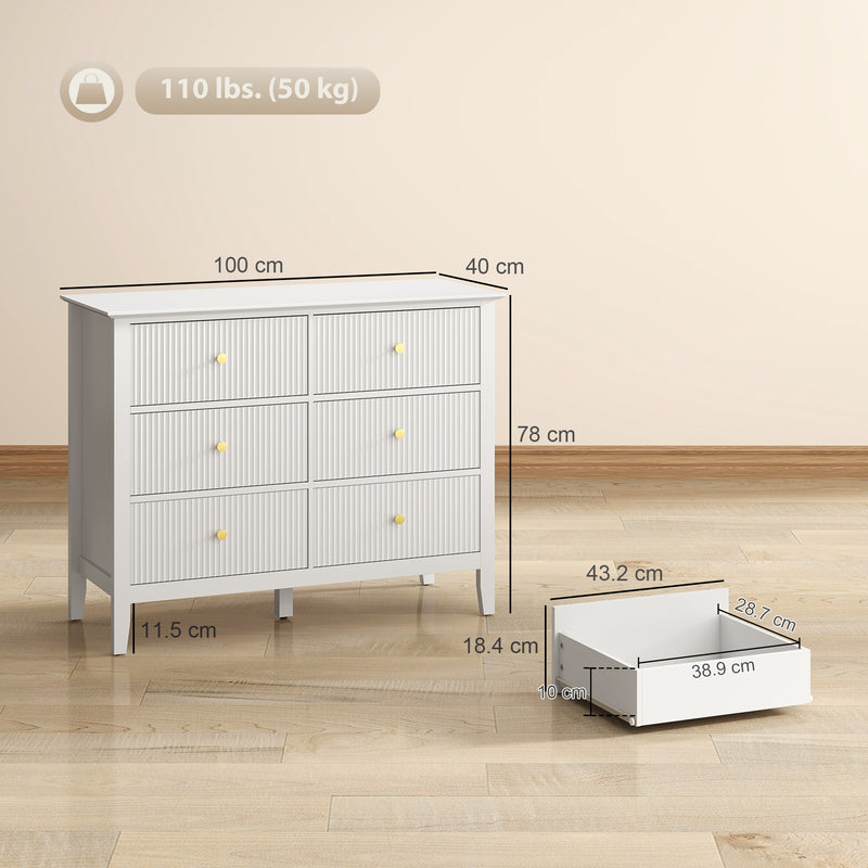 White 6 Drawer Chest of Drawers With Fluted Drawer Fronts and Gold Knobs - 100x40x78cm Homcom