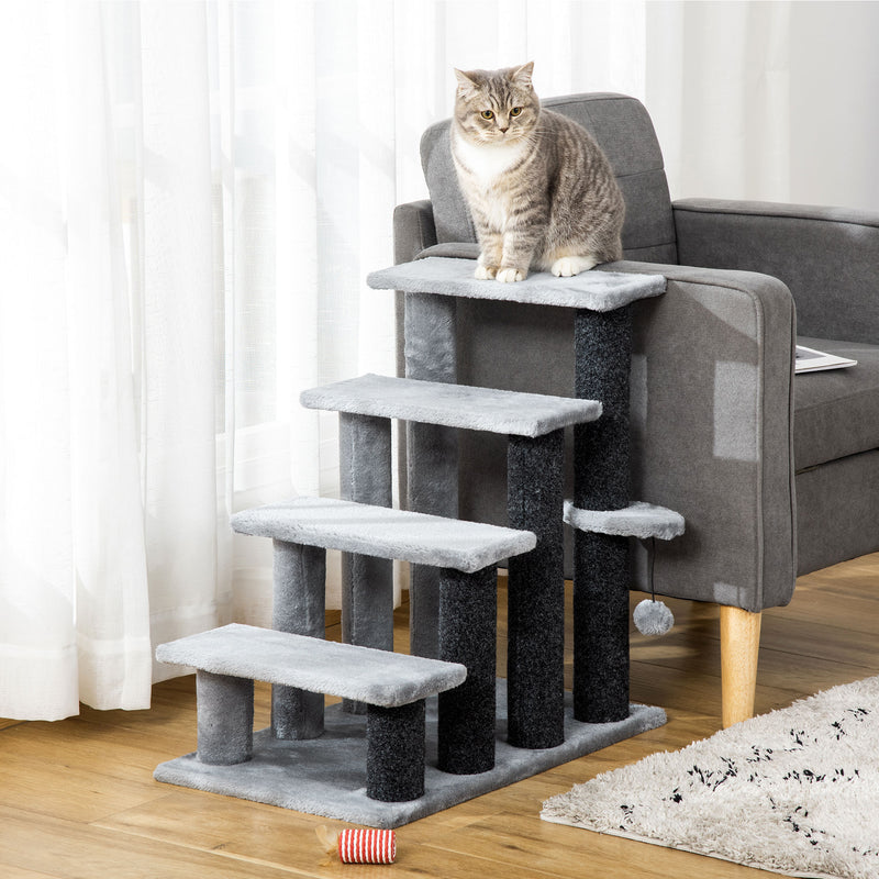 4 Step Cat Stairs with Scratching Posts Platforms and Hanging Toy for Indoor Use, Grey