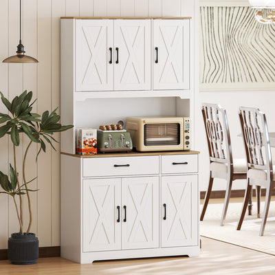 Kitchen Storage Cabinet with Adjustable Shelves and Barn Doors for Organised Cooking Natural Wood White AOSOM