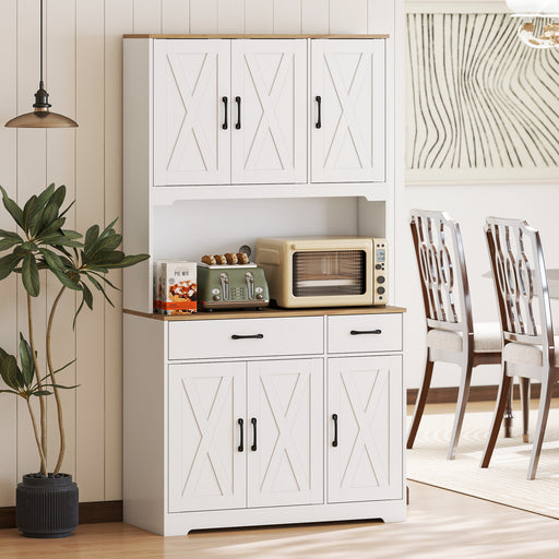 Kitchen Storage Cabinet with Adjustable Shelves and Barn Doors for Organised Cooking Natural Wood White AOSOM