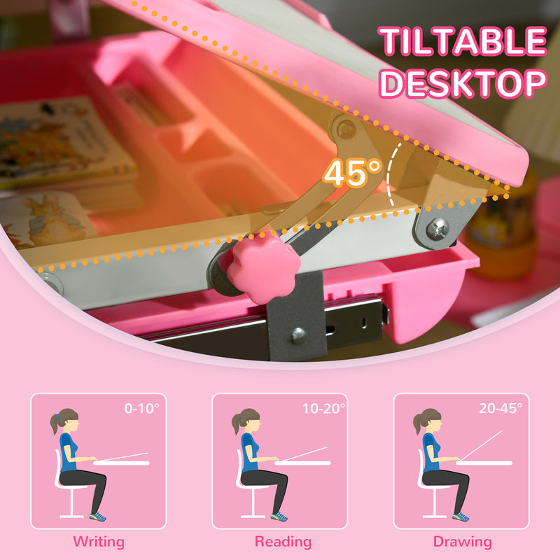 Adjustable Kids Desk and Chair Set with Storage Drawer and Hook for Study Time, Pink