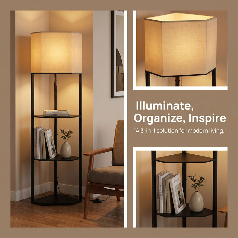 Floor Lamp with Shelves for Extra Storage and Adjustable Lighting Black Beige