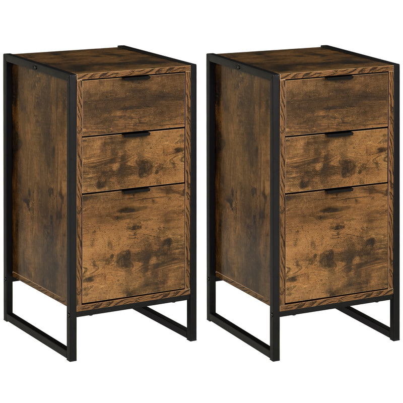 Set of 2 Industrial 3 Drawer Storage Chests With Metal Frame For Bedroom Or Lounge Rustic Brown